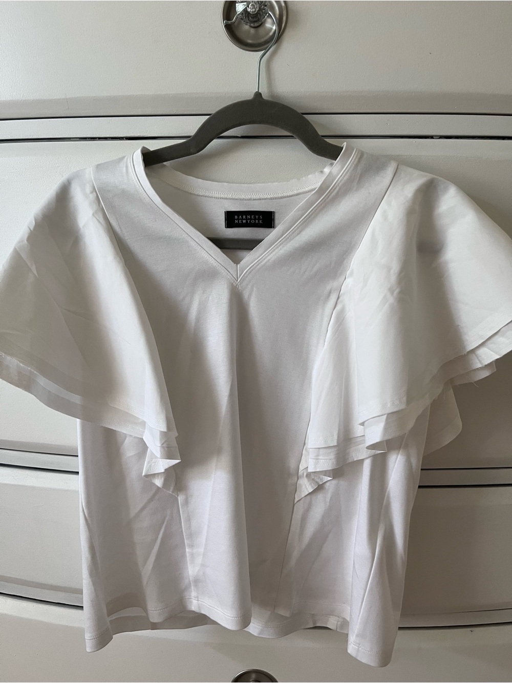 Barneys New York White V-Neck Layered Ruffle Sleeve Tee